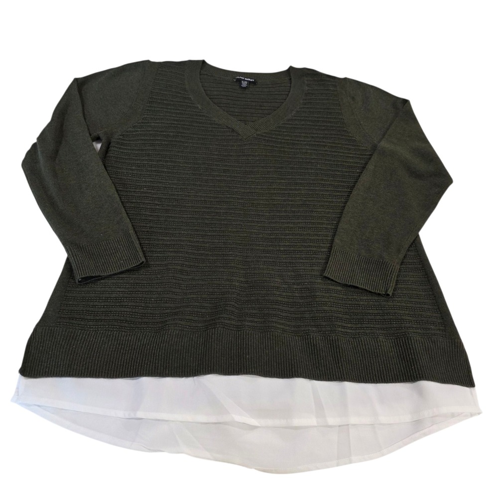 Hilary Radley Pullover Sweater Womens Green White XL Layered V Neck Knit Preppy‎